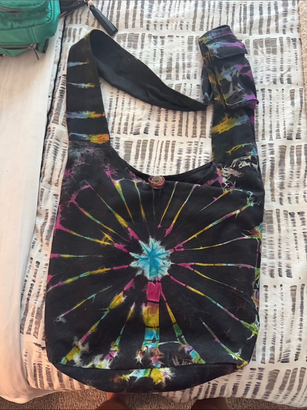 Bohemian Tie-Dye Black Shoulder Bag with Multicolor Burst